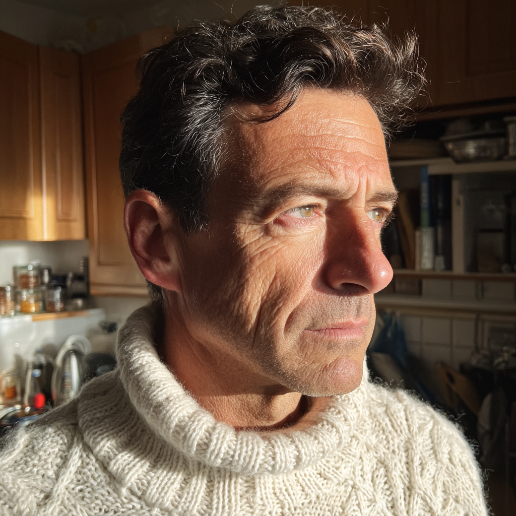 A frowning man standing in a kitchen | Source: Midjourney