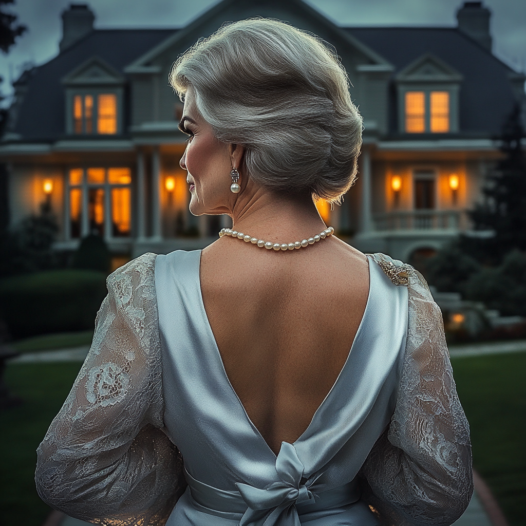 A senior woman standing outside her mansion | Source: Midjourney