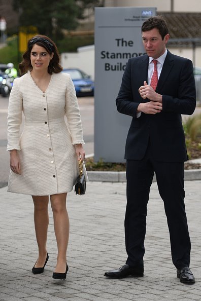 Princess Eugenie and Jack Brooksbank arrive at the Royal National Orthopaedic Hospital on March 21, 2019, in Stanmore, Greater London. | Source: Getty Images.