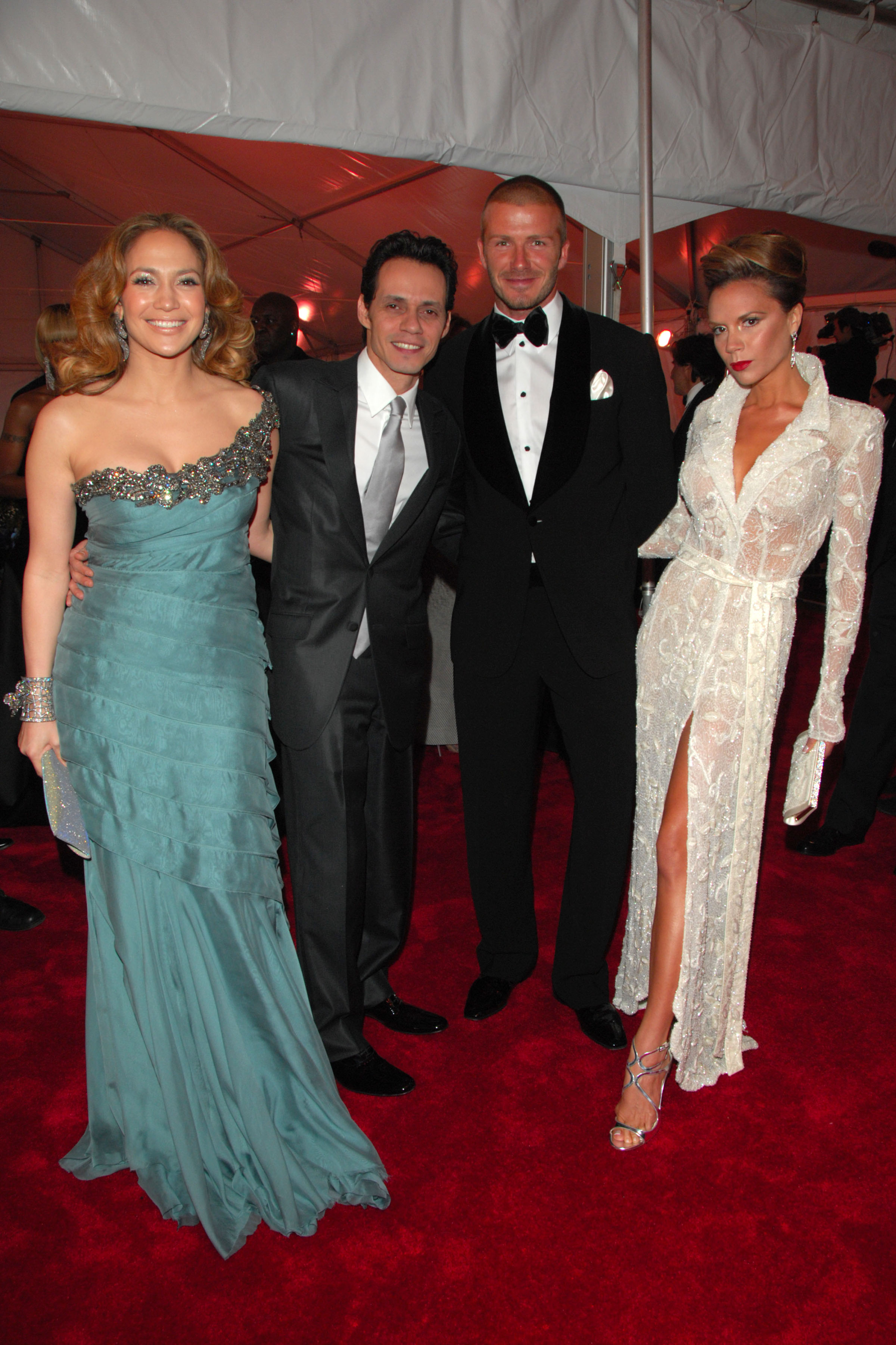 Jennifer Lopez, Marc Anthony, David Beckham and Victoria Beckham attend THE COSTUME INSTITUTE GALA: "SUPERHEROES" with honorary chair GIORGIO ARMANI at The Metropolitan Museum of Art on 5 May 2008 in New York City. | Source: Getty Images