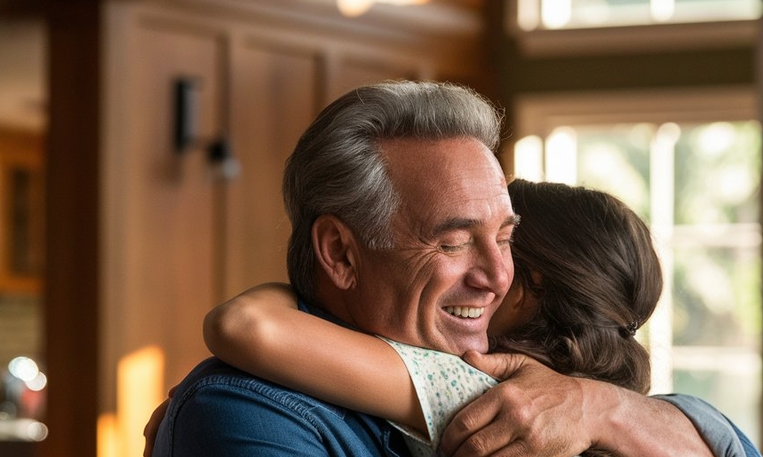 A man hugging a teenager girl in a living room | Source: Midjourney