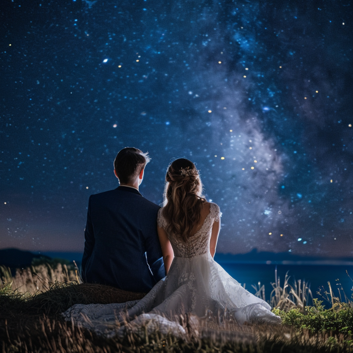 A bride and groom watching the stars at night | Source: Midjourney