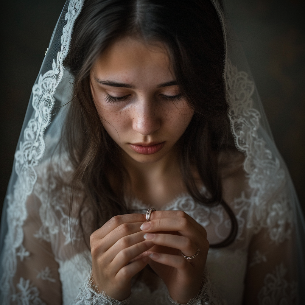 A sad woman holding a ring