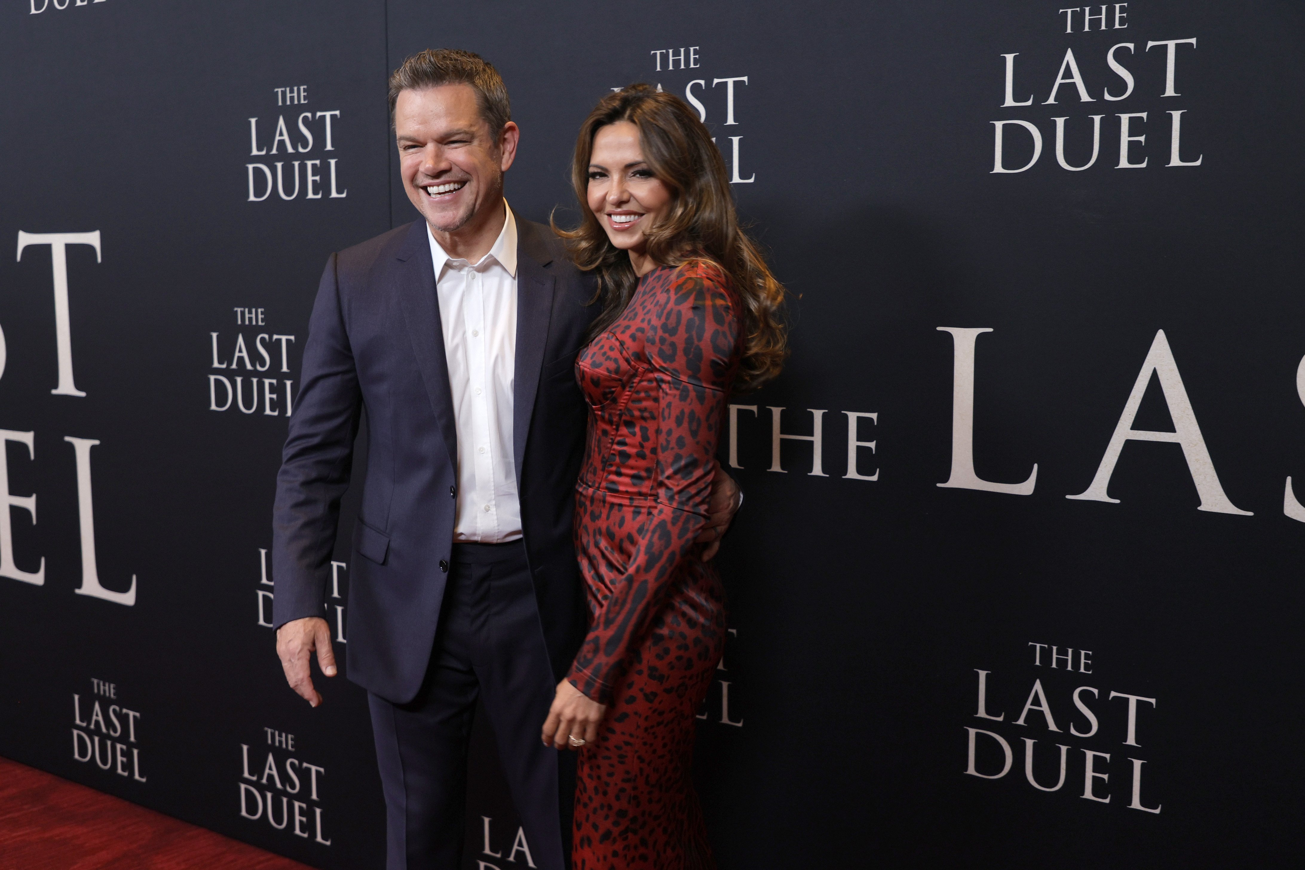 Matt Damon (L) and Luciana Barroso attend The Last Duel New York Premiere on October 09, 2021 in New York City | Source: Getty Images