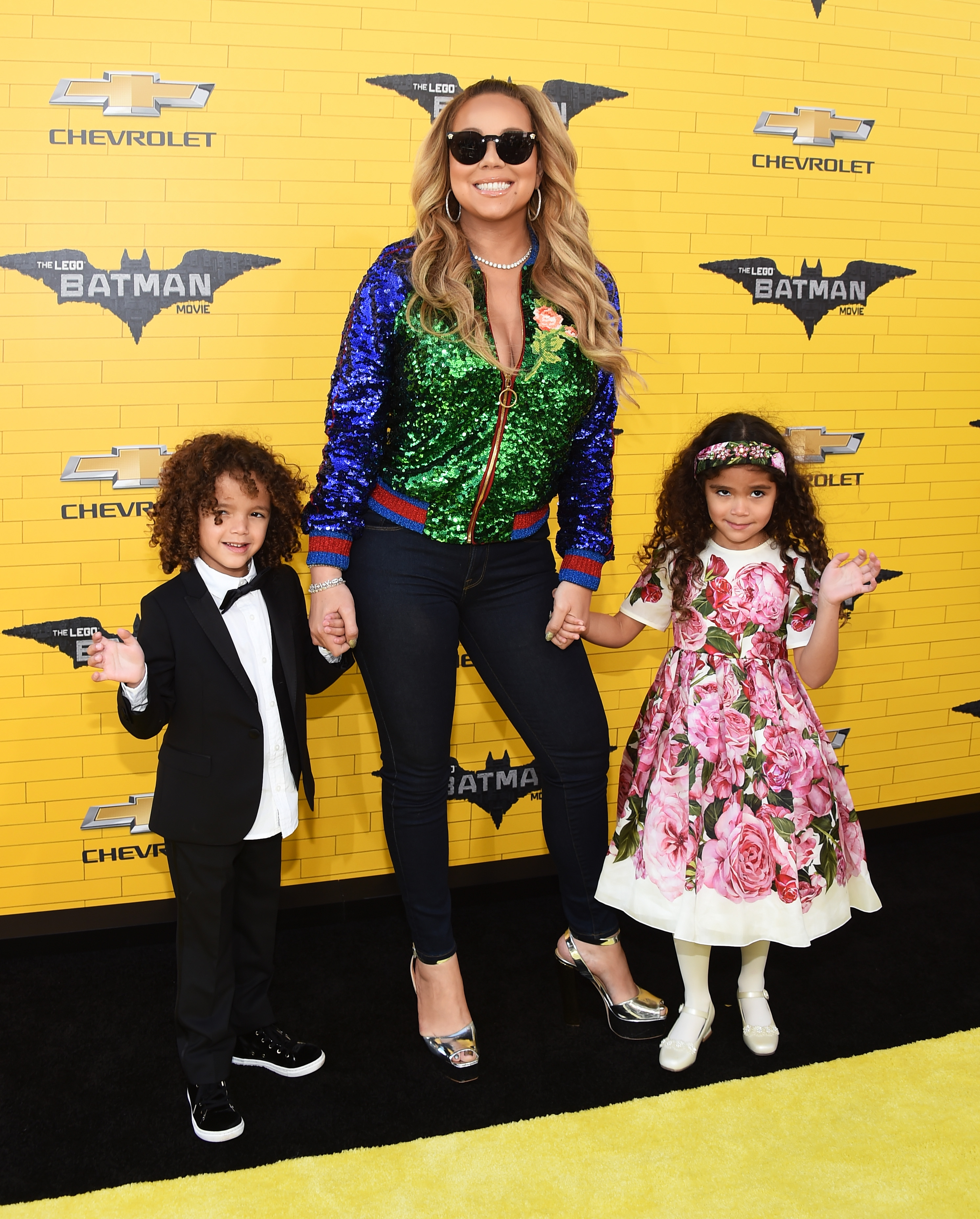 Mariah Carey arrives with her children, Moroccan Scott Cannon and Monroe Cannon, at the premiere of "The LEGO Batman Movie" at the Regency Village Theatre on February 4, 2017, in Westwood, California.