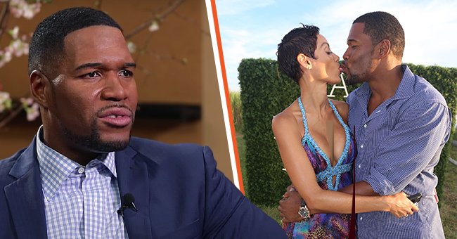 Michael Strahan pictured talking to Graham Bensinger in 2018 [Left]. Nicole Murphy and Michael Strahan sharing a kiss at the 14th Annual Art For Life Gala, 2013 [Right]. | Photo: Getty Images