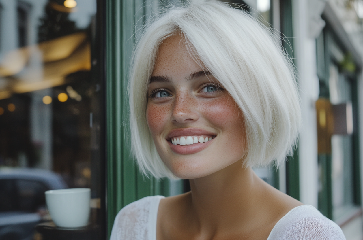 A smiling woman outside a coffee shop | Source: Midjourney