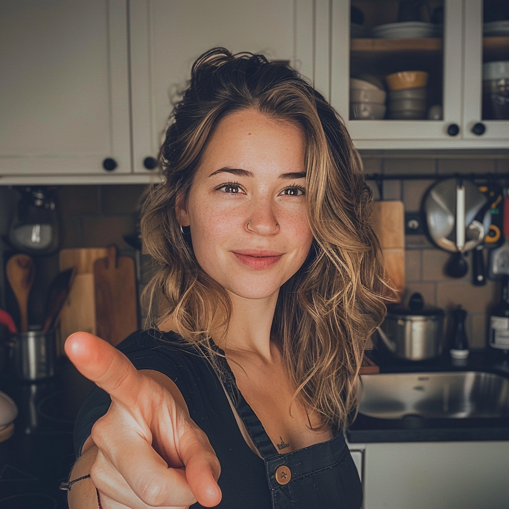 A young woman pointing and smiling | Source: Midjourney