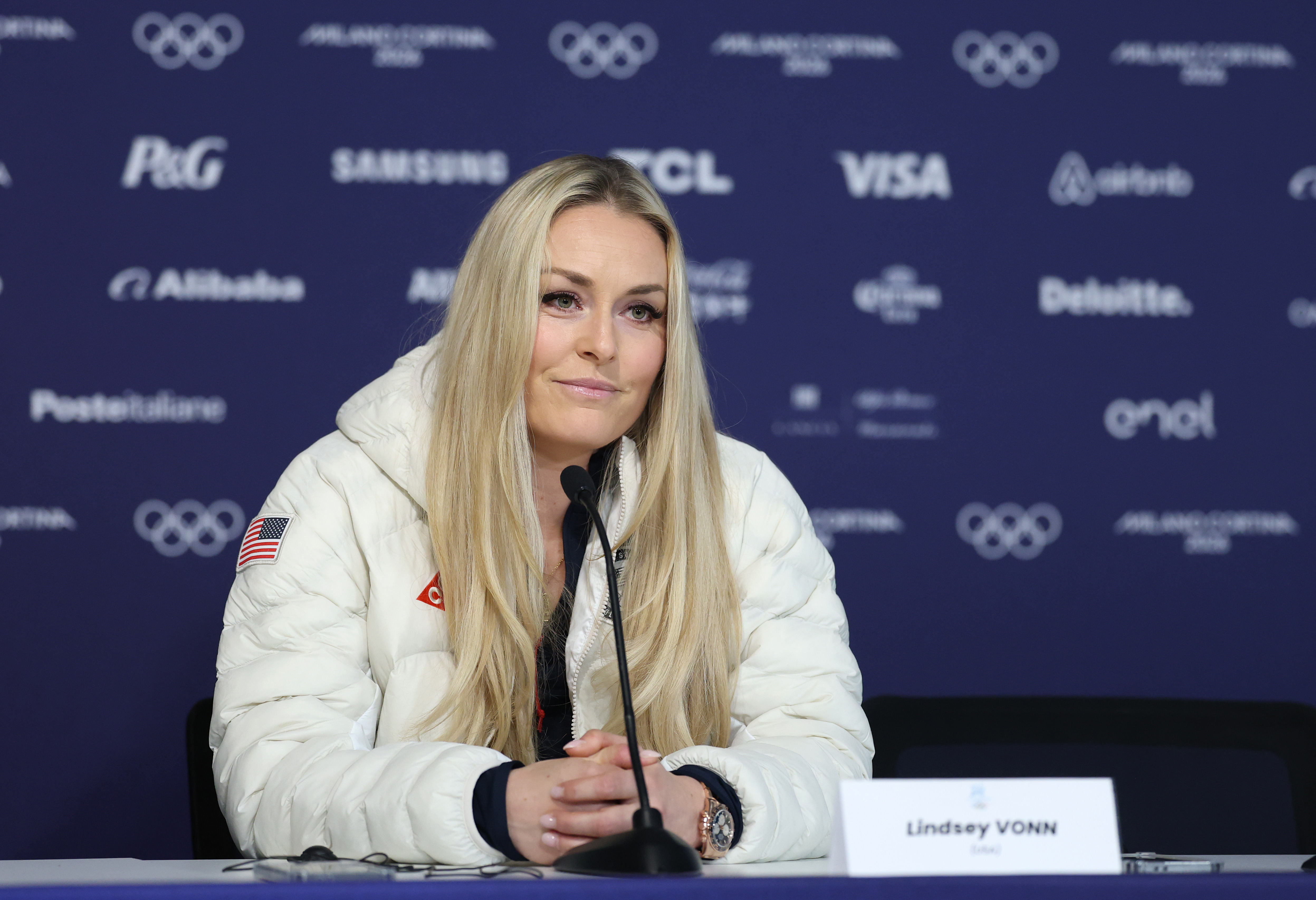 Lindsey Vonn during a press conference at the Milano Cortina Winter Olympics in Cortina, Italy on February 3, 2026. | Source: Getty Images