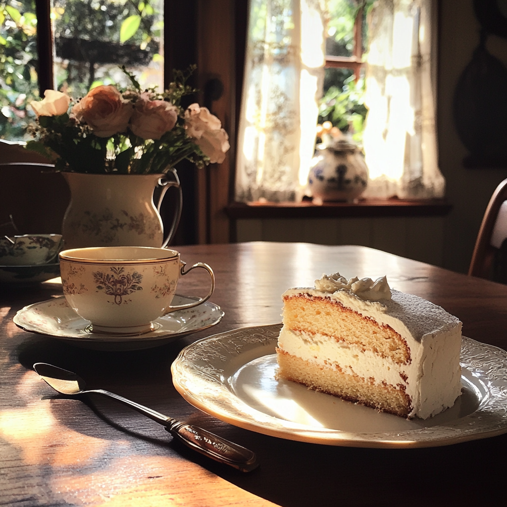 Cake and tea on a table | Source: Midjourney