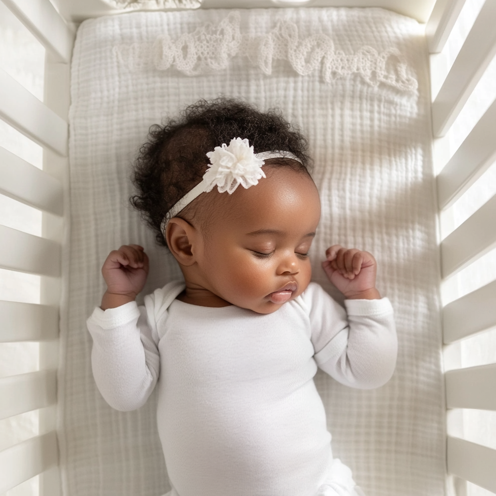 A baby girl in a crib | Source: Midjourney