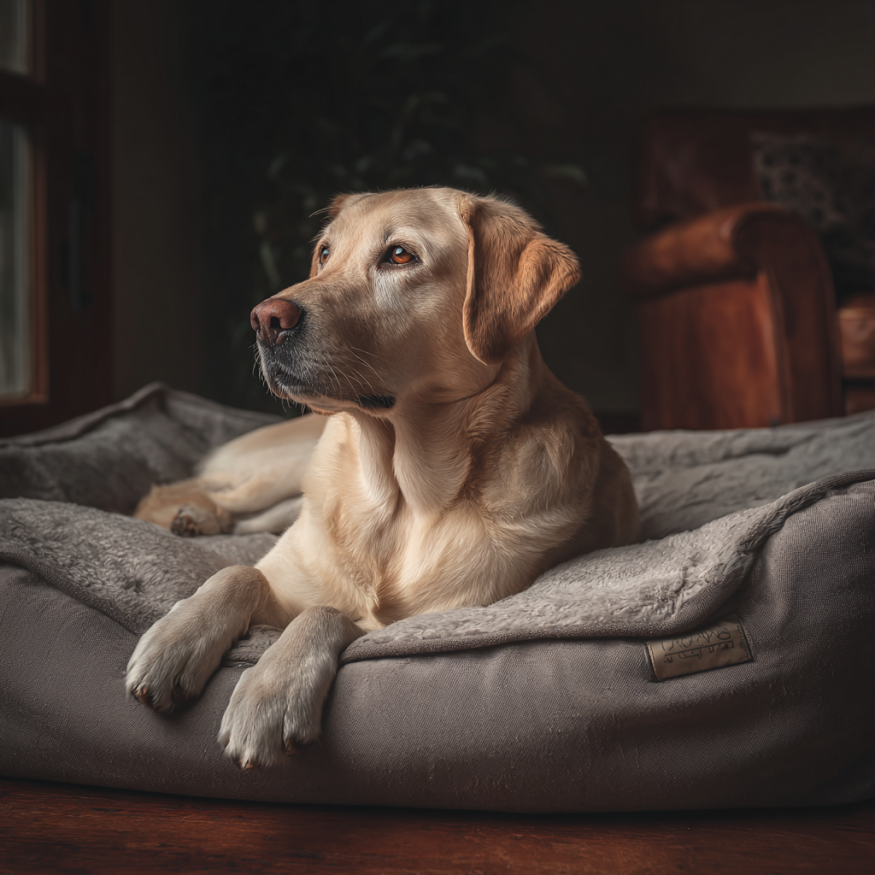 A dog on a comfy dog bed | Source: Midjourney