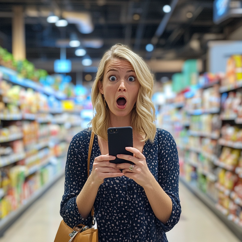 A shocked woman in a supermarket | Source: Midjourney