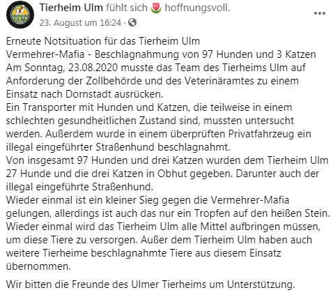Der Screenshot des Facebook-Beitrags des Ulmer Zoos über den illegalen Tier-Transport | Quelle: facebook.com/TierheimUlm