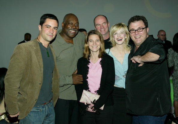 Cast of "Cold Case" (L-R) Danny Pino, Thom Barry, John Finn, Kathryn Morris and Jeremy Ratchford attend the CBS & UPN Winter Press Tour party on January 18, 2005, in West Hollywood, California. | Source: Getty Images.