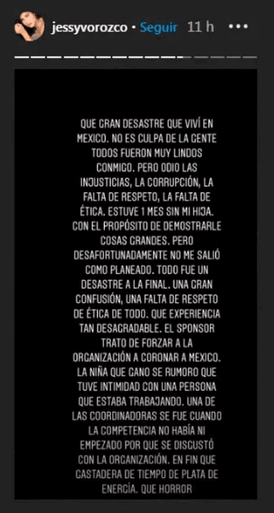 Captura de pantalla de la historia de Instagram de Jesenia Orozco, la representante de Colombia en el Miss Global 2020. | Foto: Instagram / jessyvorozco Captura de pantalla de la historia de Instagram de Jesenia Orozco, la representante de Colombia en el Miss Global 2020. | Foto: Instagram / jessyvorozco