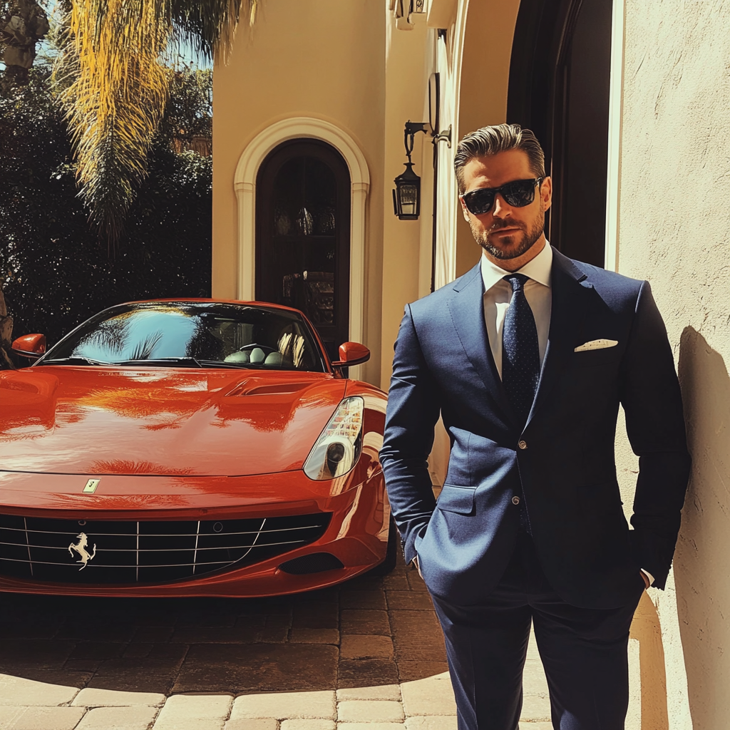 A man in a suit standing next to a Ferrari | Source: Midjourney