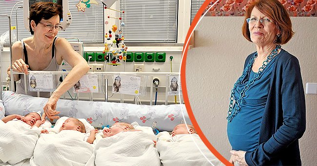 [Left] Anngret Raunigk pictured with her quadruplets in the hospital; [Right] Raunigk shows her baby bump. | Source: twitter.com/people | facebook.com/WSBTNews