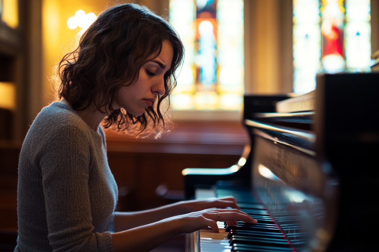 A frowining woman playing piano | Source: Midjourney