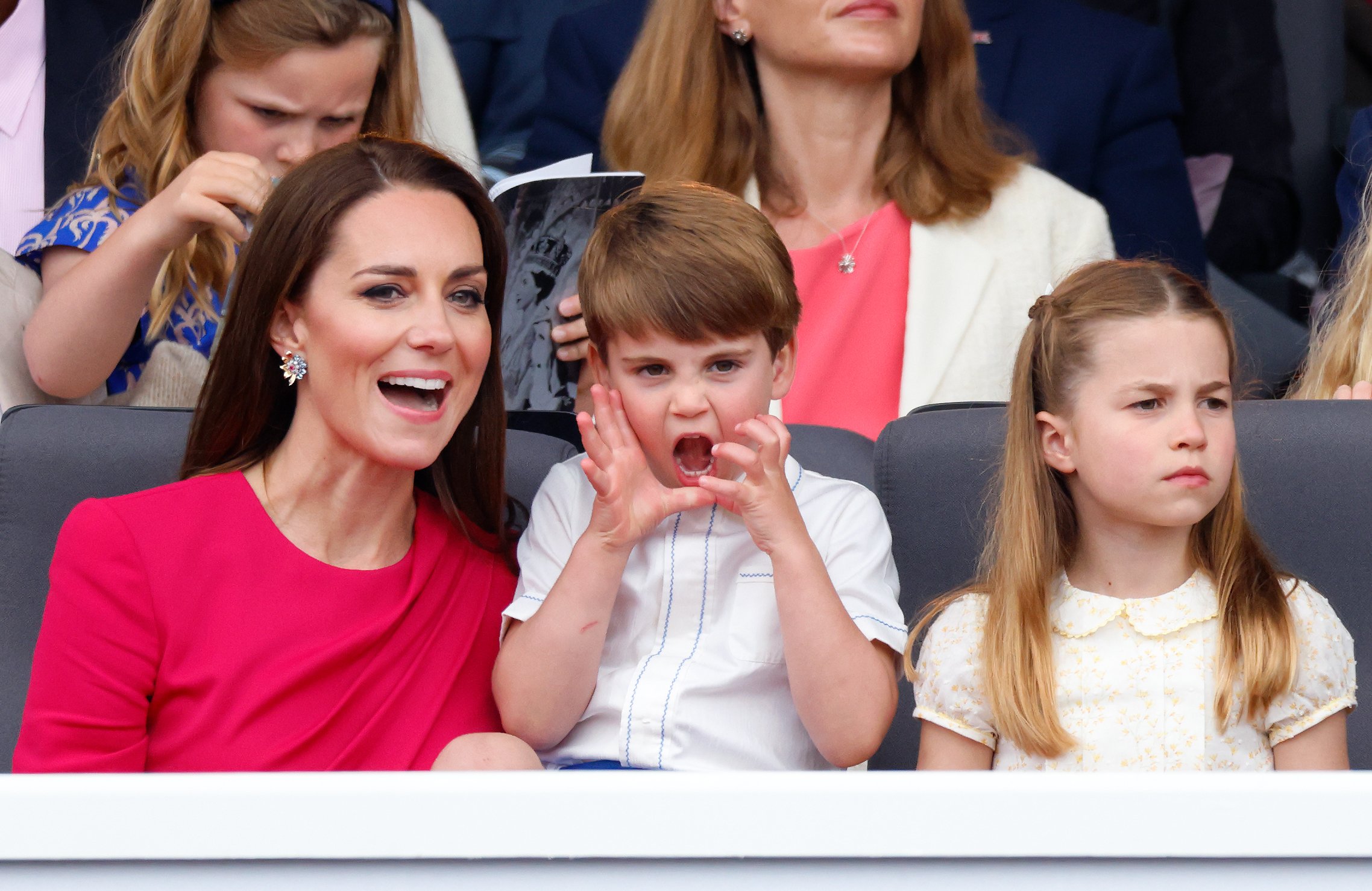 Kate Middleton, Prince Louis and Princess Charlotte attend the Platinum Pageant on The Mall on June 5, 2022 in London, England | Source: Getty Images