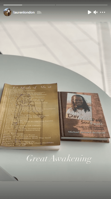 Screenshot of photo of two books: "42 Ideals of Ma'at" and "40 Day Mind Fast Soul Feast." |Source: Instagram/laurenlondon