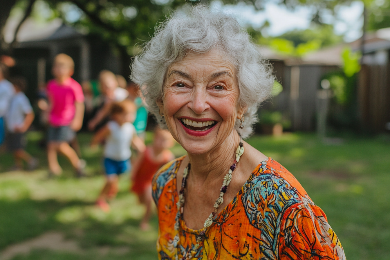 An older woman in a yard with kids in the back | Source: Midjourney