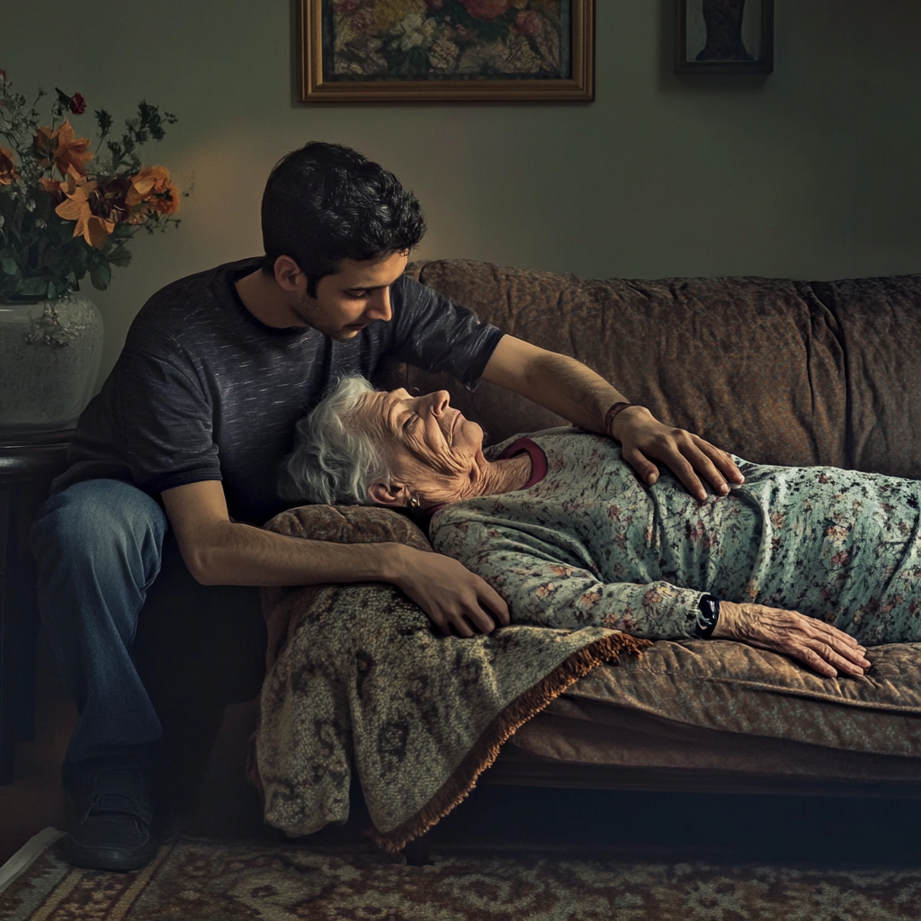 A young man kneeling over his frail mother | Source: Midjourney