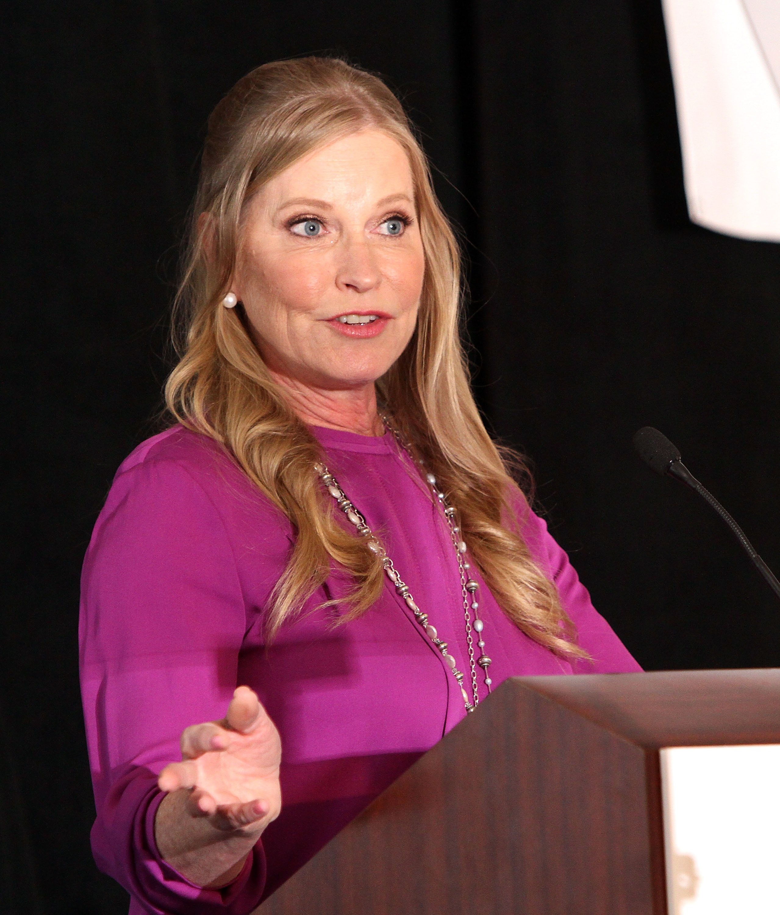 Lisa Niemi Swayze spricht während der Stand Up To Cancer-Pressekonferenz auf der AACR-Jahrestagung im San Diego Marriott Hotel & Marina am 7. April 2014 in San Diego, Kalifornien | Quelle: Getty Images