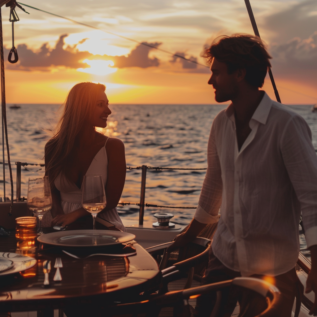 Man and woman having dinner on a boat | Source: Midjourney
