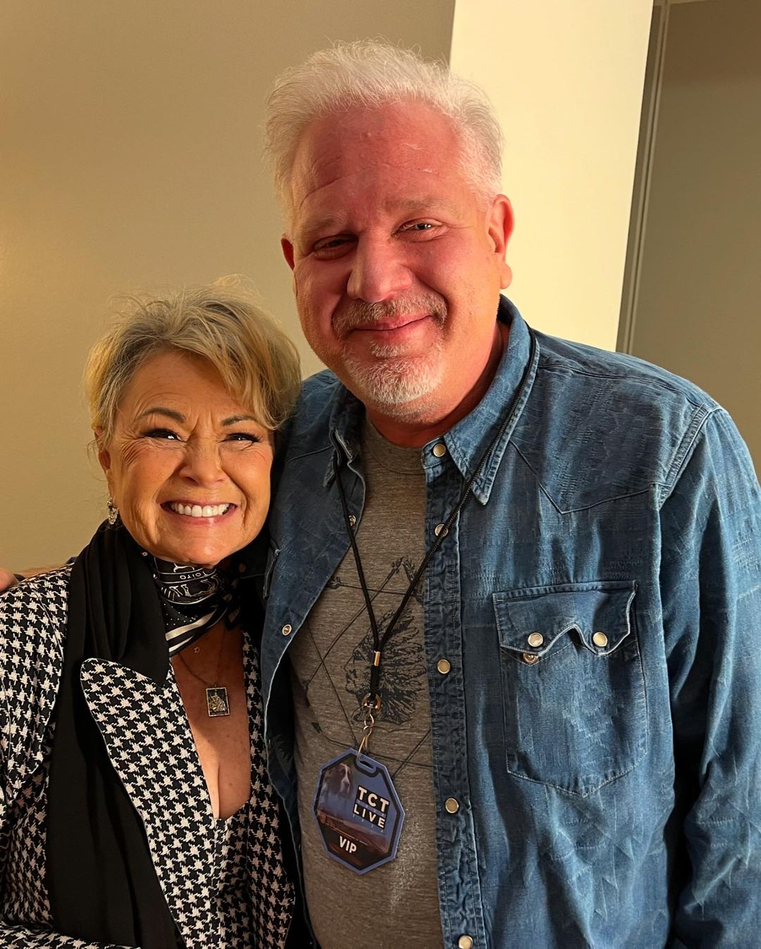 Roseanne Barr and a friend at a Tucker Carlson Network live tour, from an Instagram post, dated September 30, 2024 | Source: Instagram/officialroseannebarr/