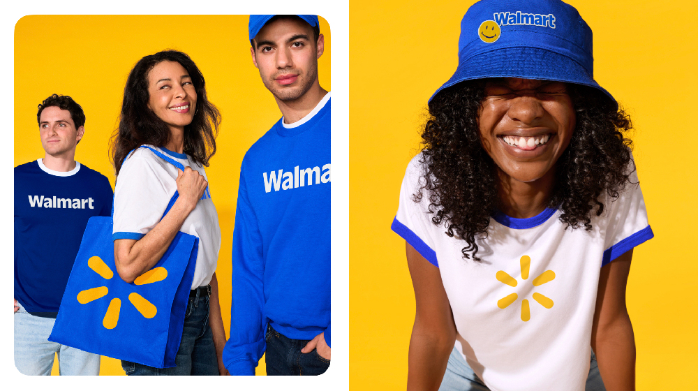 People wearing Walmart apparel and carrying Walmart tote bags with the refreshed brand look, taken in 2025. | Source: Walmart Press Center