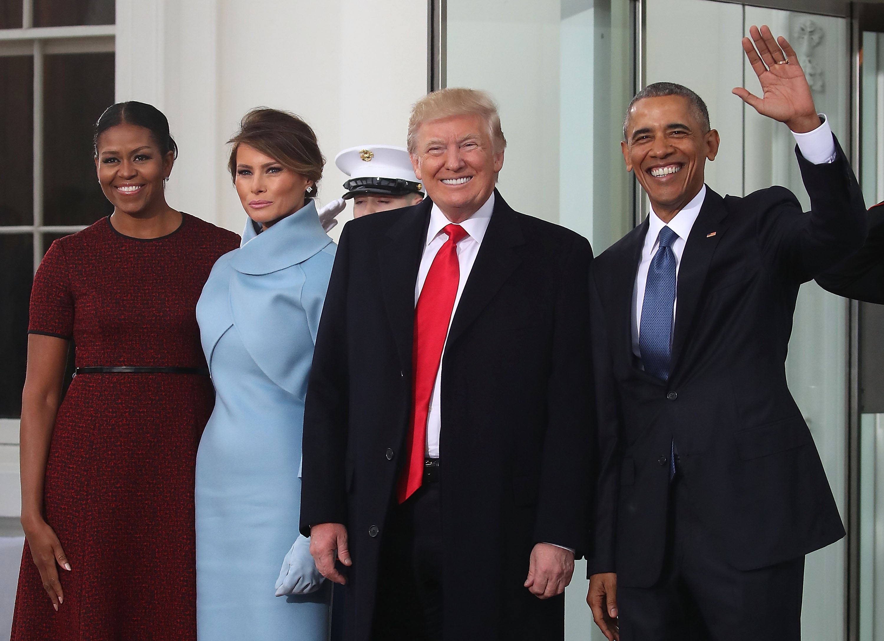 Donald Trump ,and his wife Melania Trump  are greeted by President Barack Obama and his wife first lady Michelle Obama, upon arriving at the White House on January 20, 2017. | Photo: GettyImages