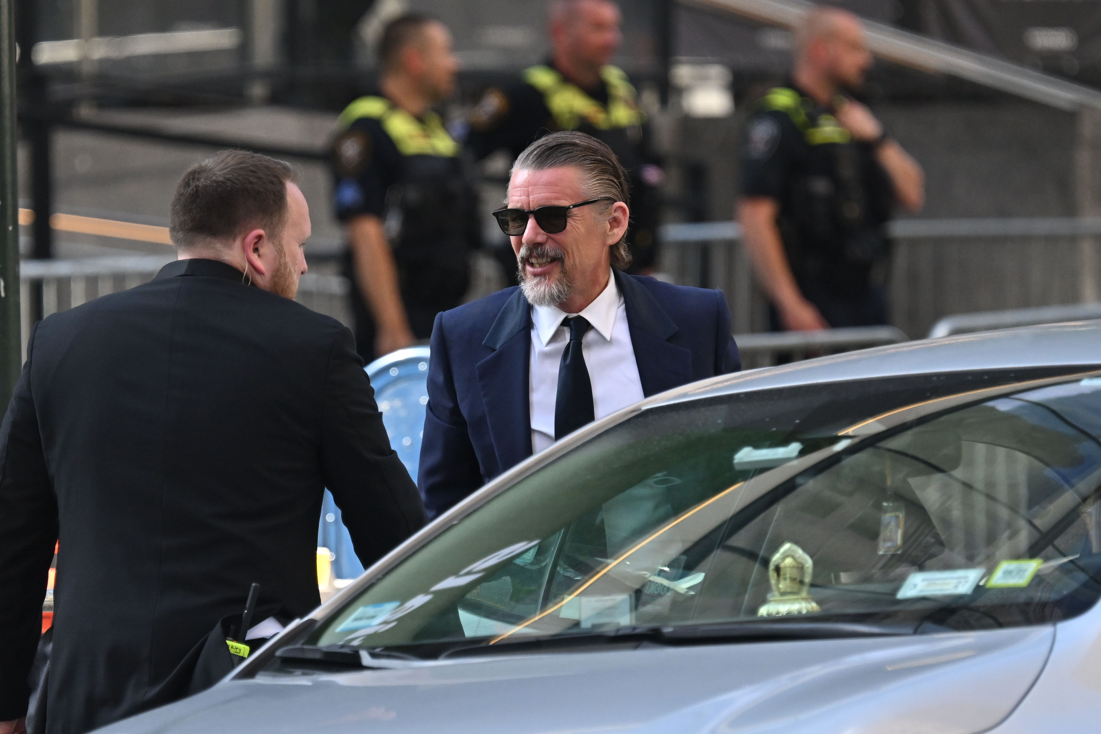 Ethan Hawke arrives at Madison Square Garden on July 3, 2026, for Taylor Swift and Travis Kelce's wedding. Vogue reported that the actor was among the couple's guests. | Source: Getty Images