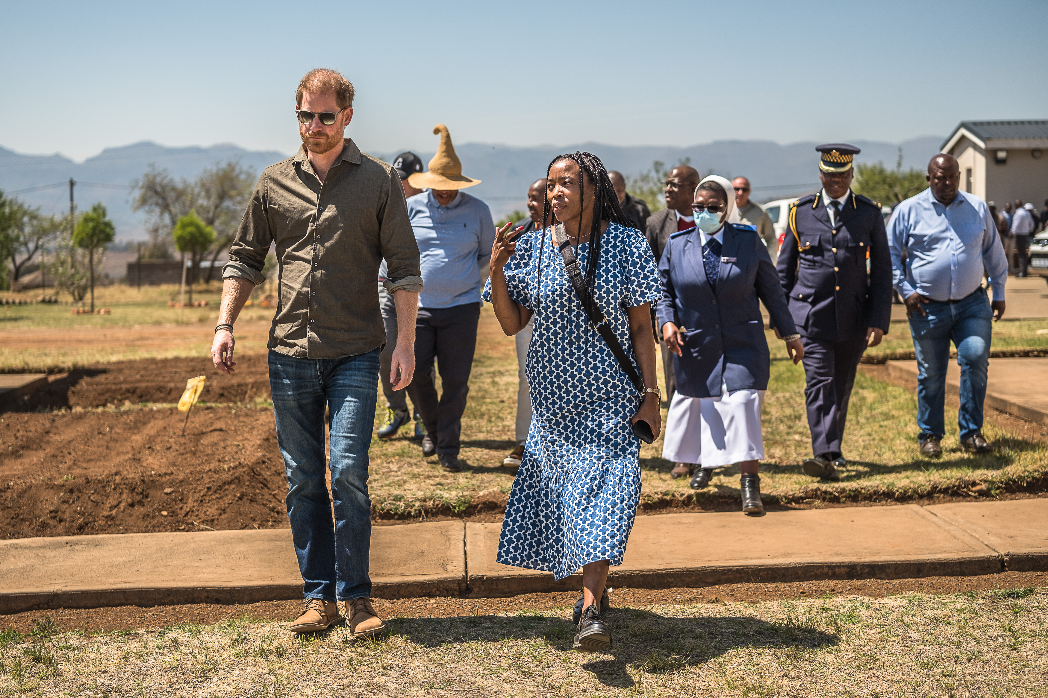 Prince Harry, Duke of Sussex and Ntoli Moletsane, Country Director, Lesotho arrive at a special Sentebale event to visit the Pointmain Health Facility on October 2, 2024 | Source: Getty Images