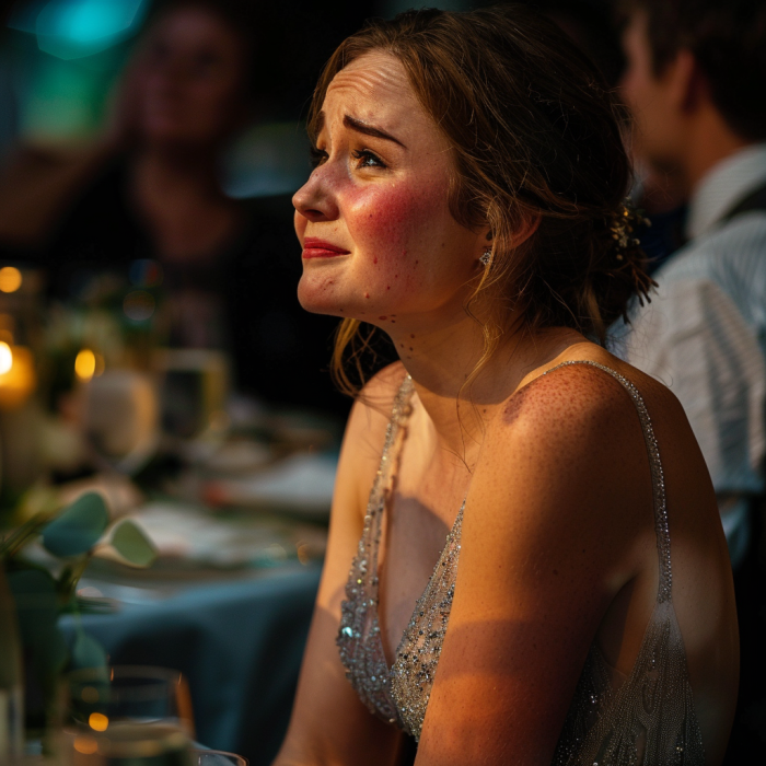 A bridesmaid sitting alone and crying at a wedding | Source: Midjourney