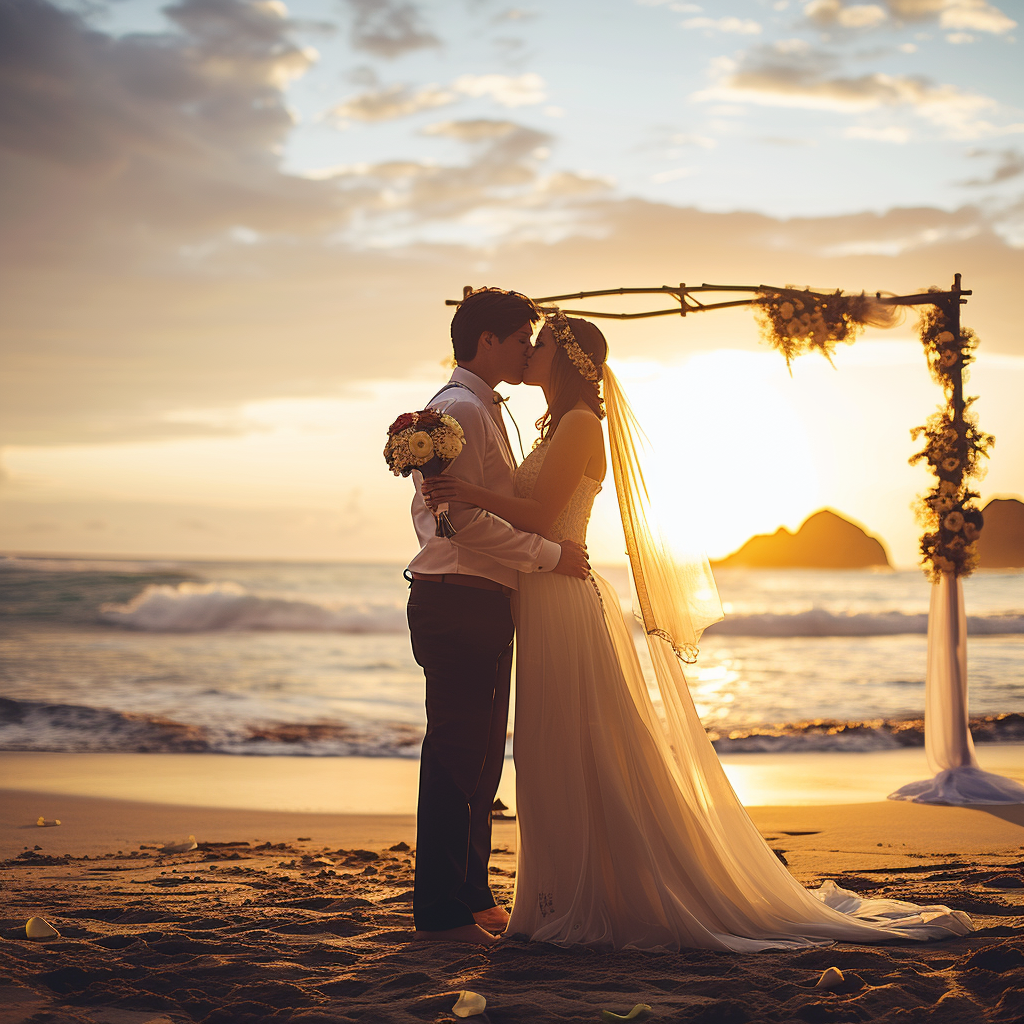 A bride and groom kiss at the beach | Source: Midjourney