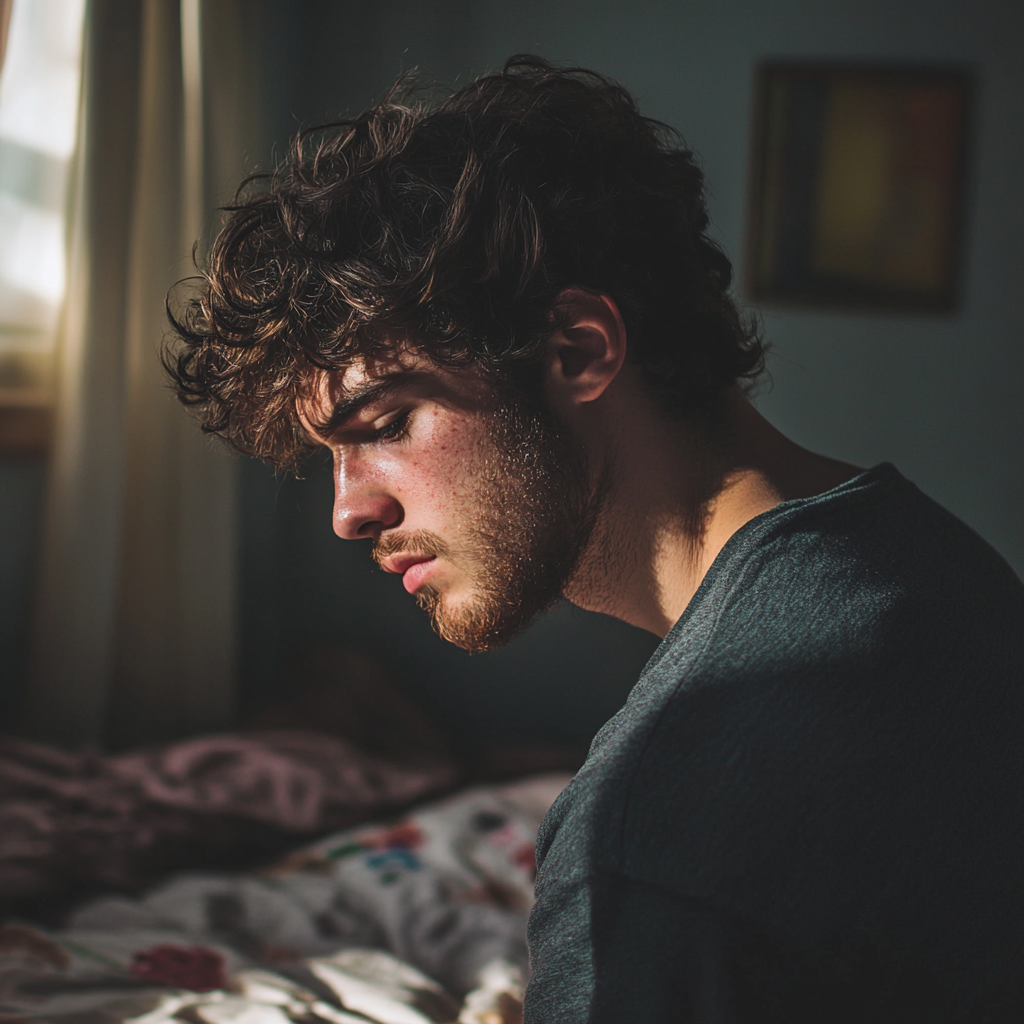 A sad man in his bedroom | Source: Midjourney