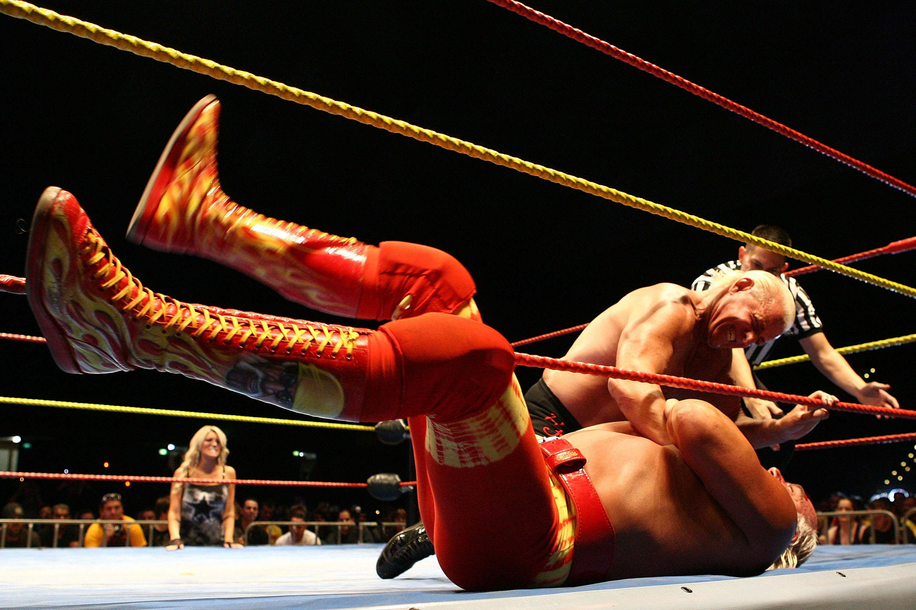 Ric Flair pins Hulk Hogan during his Hulkamania Tour at the Burswood Dome on November 24, 2009 in Perth, Australia. | Source: Getty Images