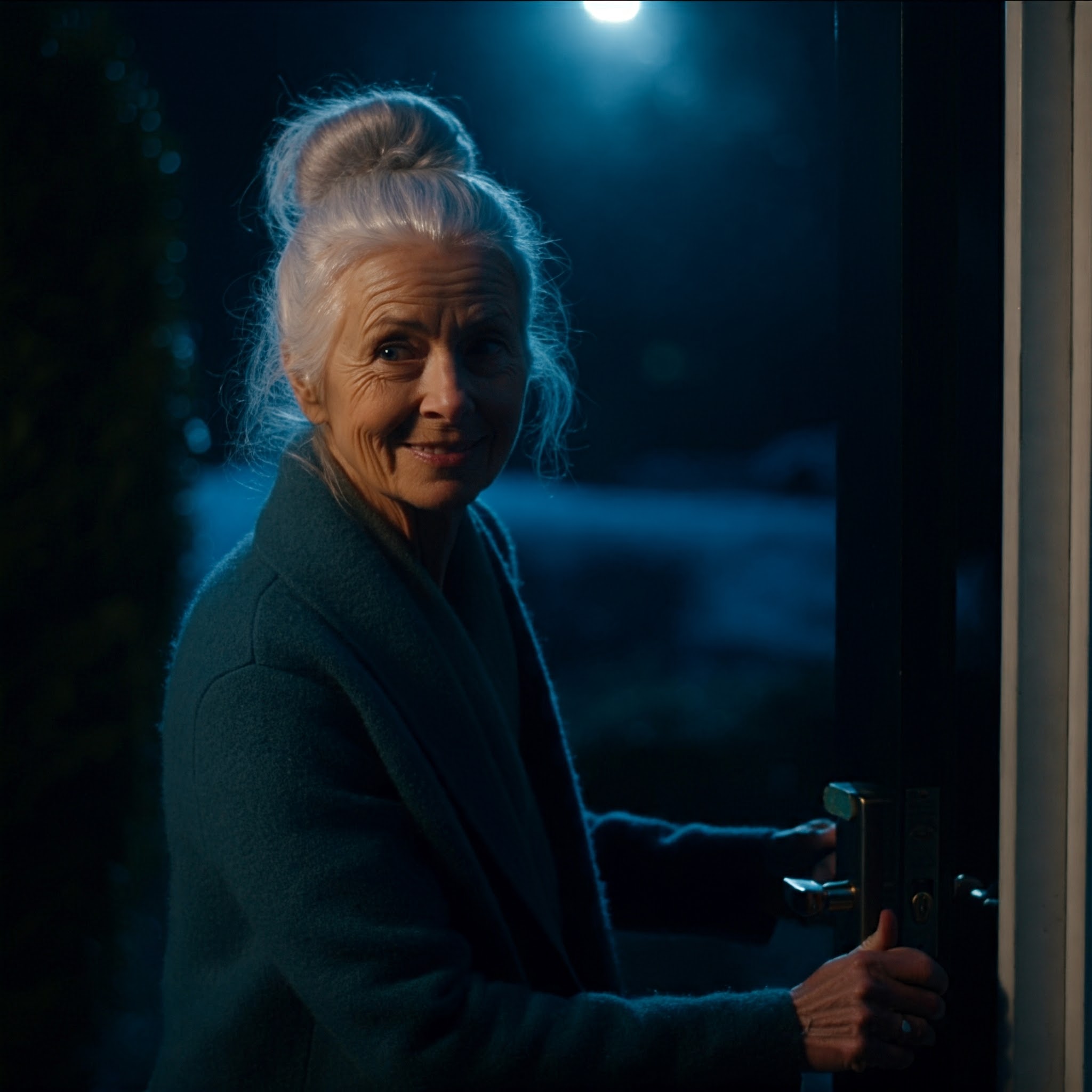 An older woman with a warm smile opening her door | Source: Gemini