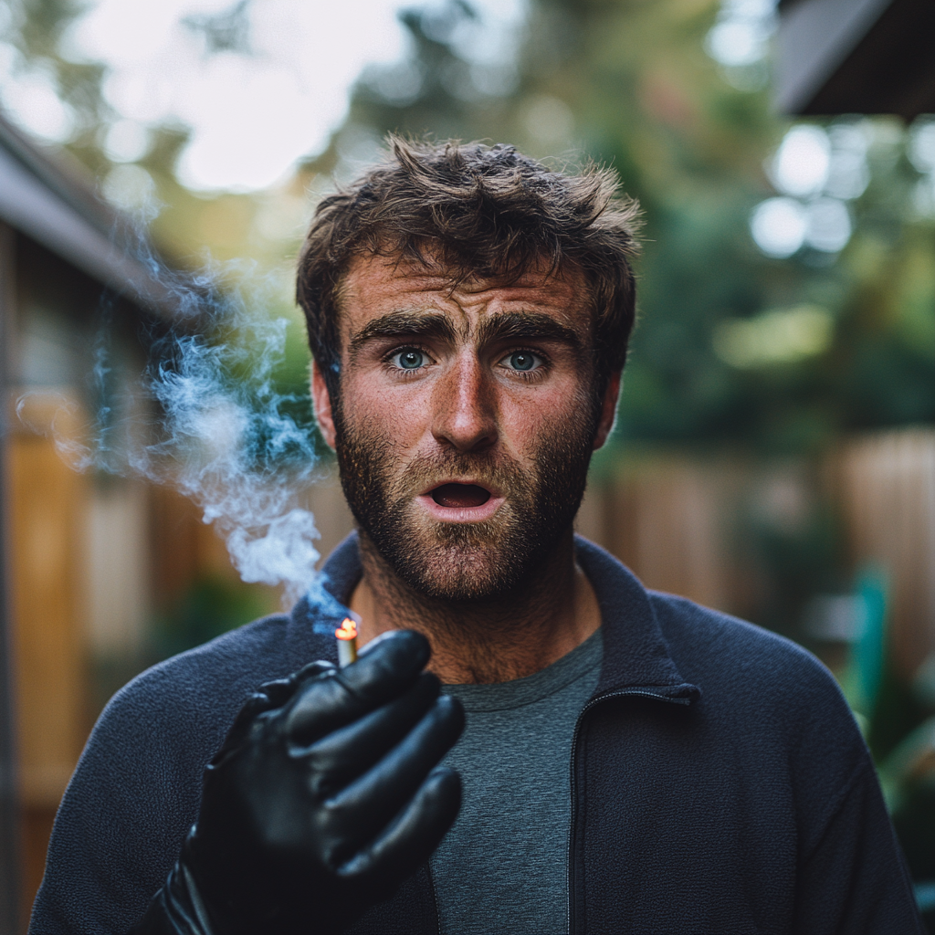 A shocked man holding a cigarette with a black leather glove | Source: Midjourney