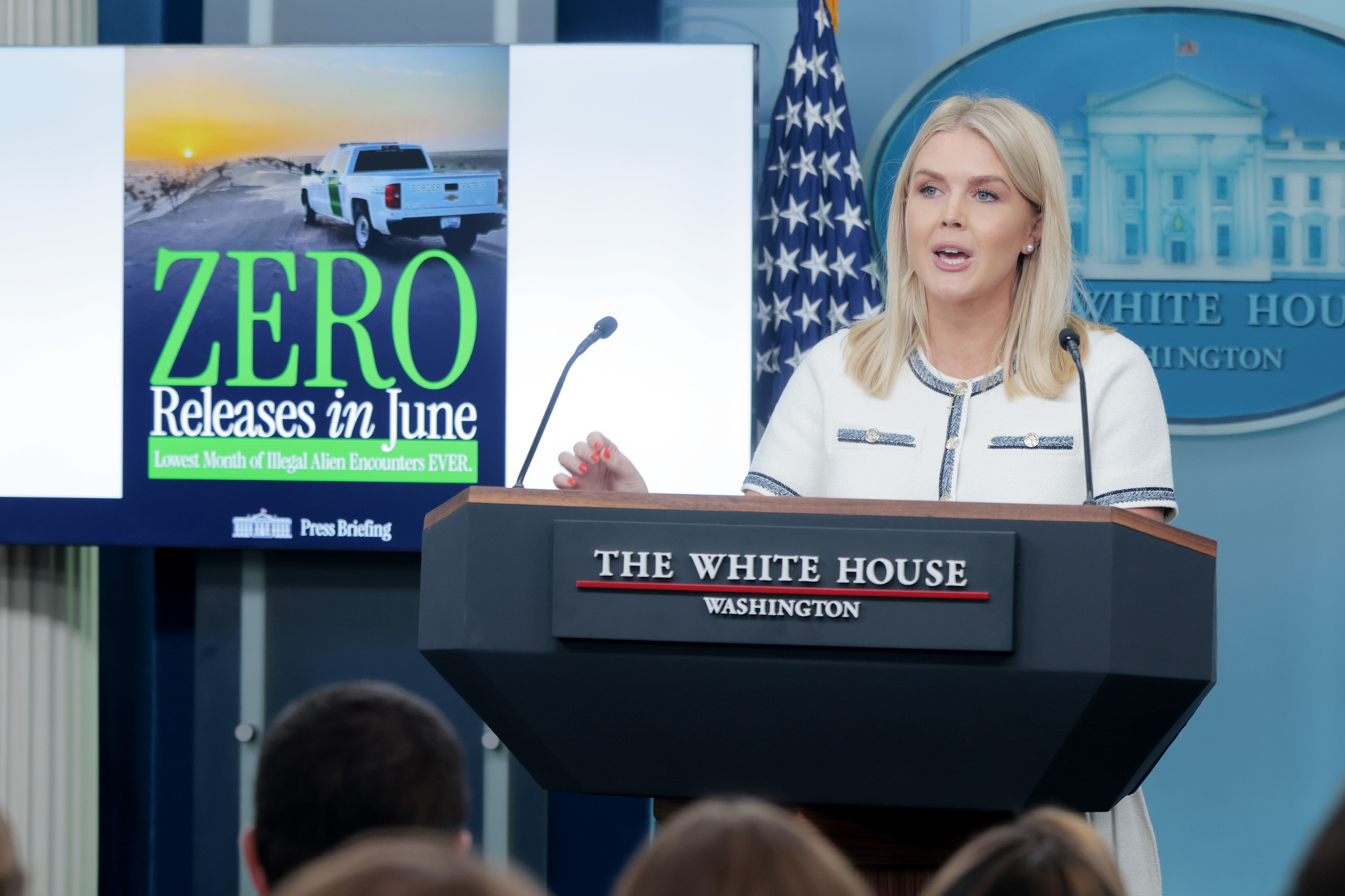 White House Press Secretary Karoline Leavitt speaks during a press briefing at the White House on July 17, 2025 in Washington, DC. | Source: Getty Images