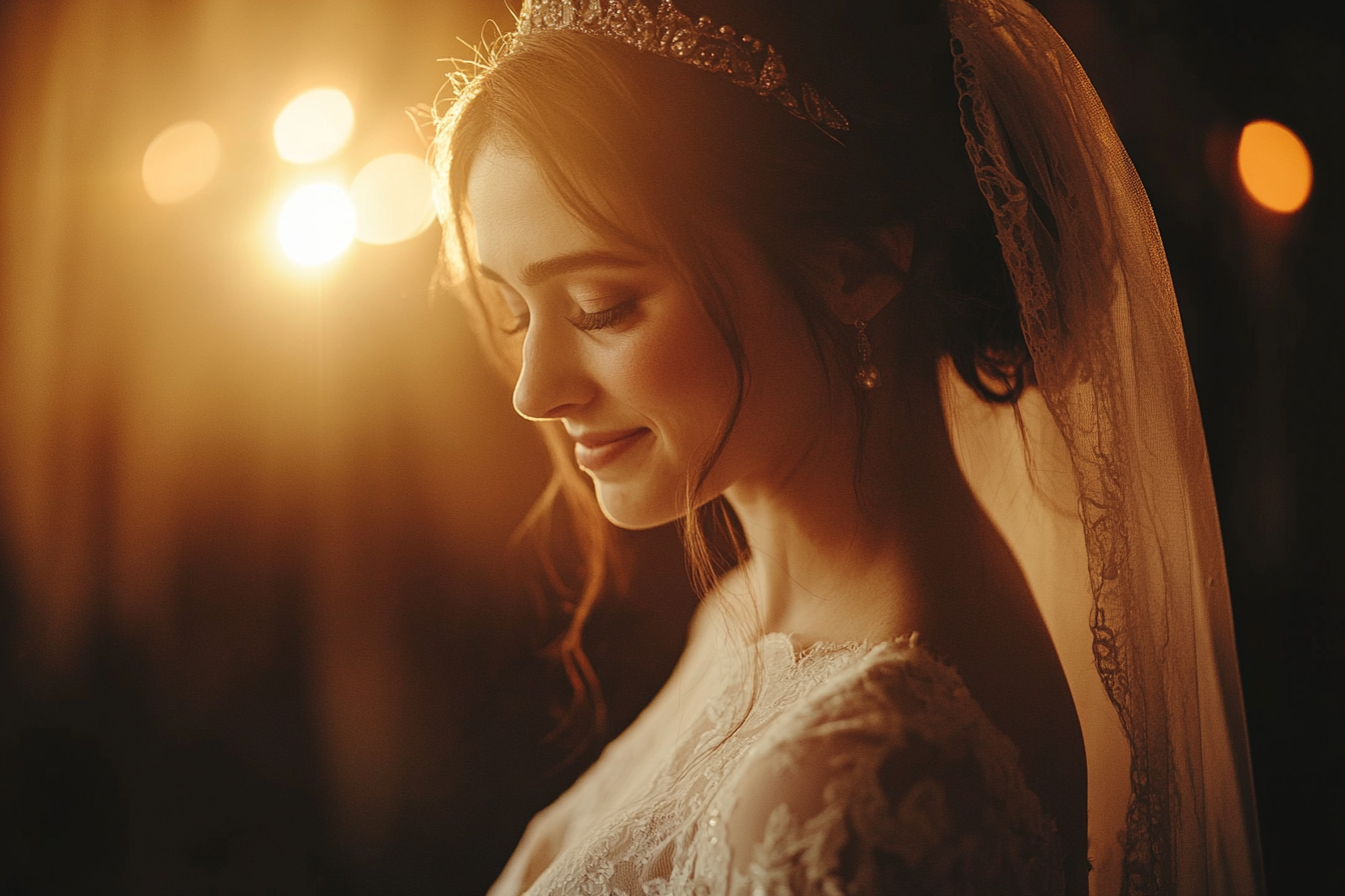 A bride smiling with her eyes closed | Source: Midjourney