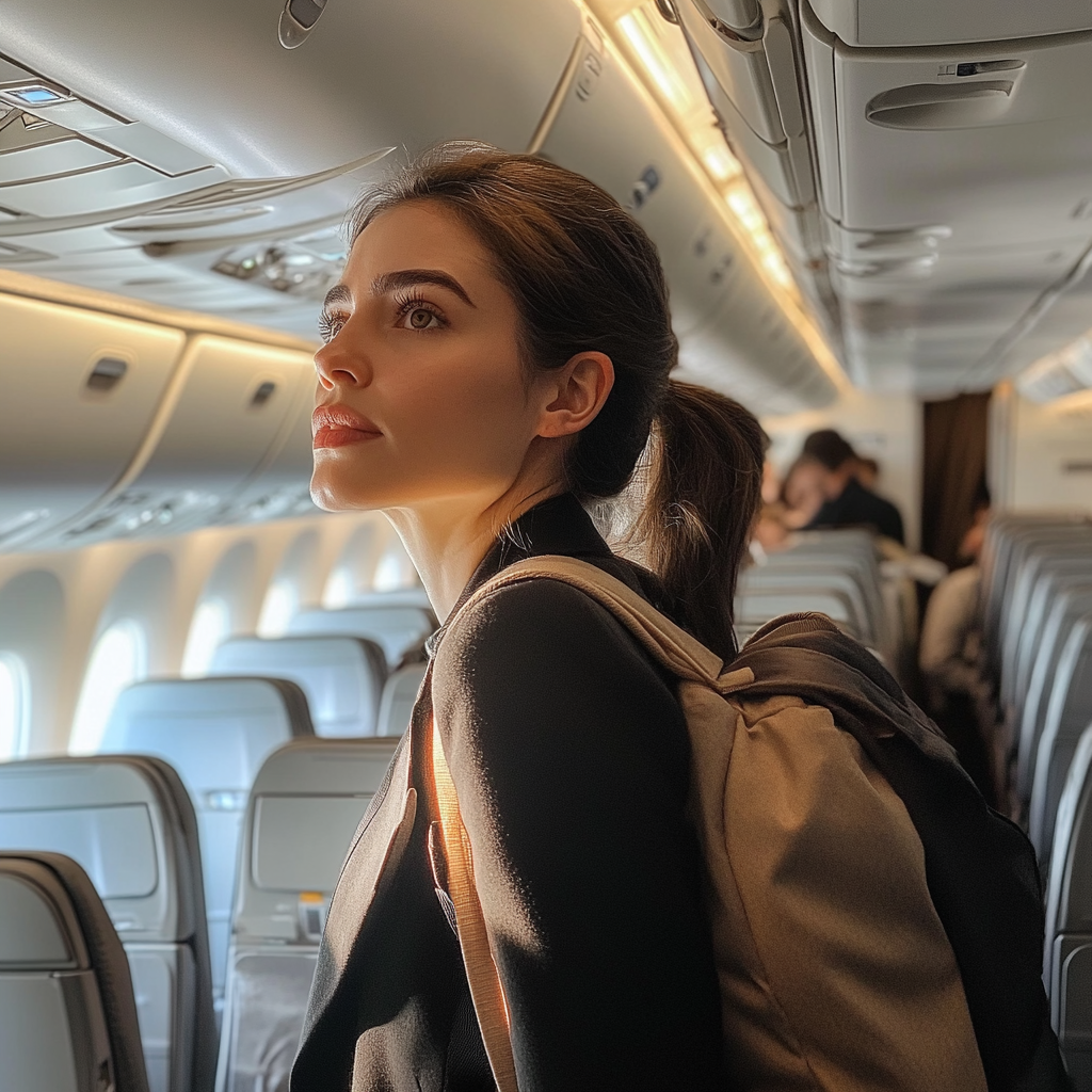 Woman carrying her luggage from the overhead compartment on a plane. | Source: Midjourney