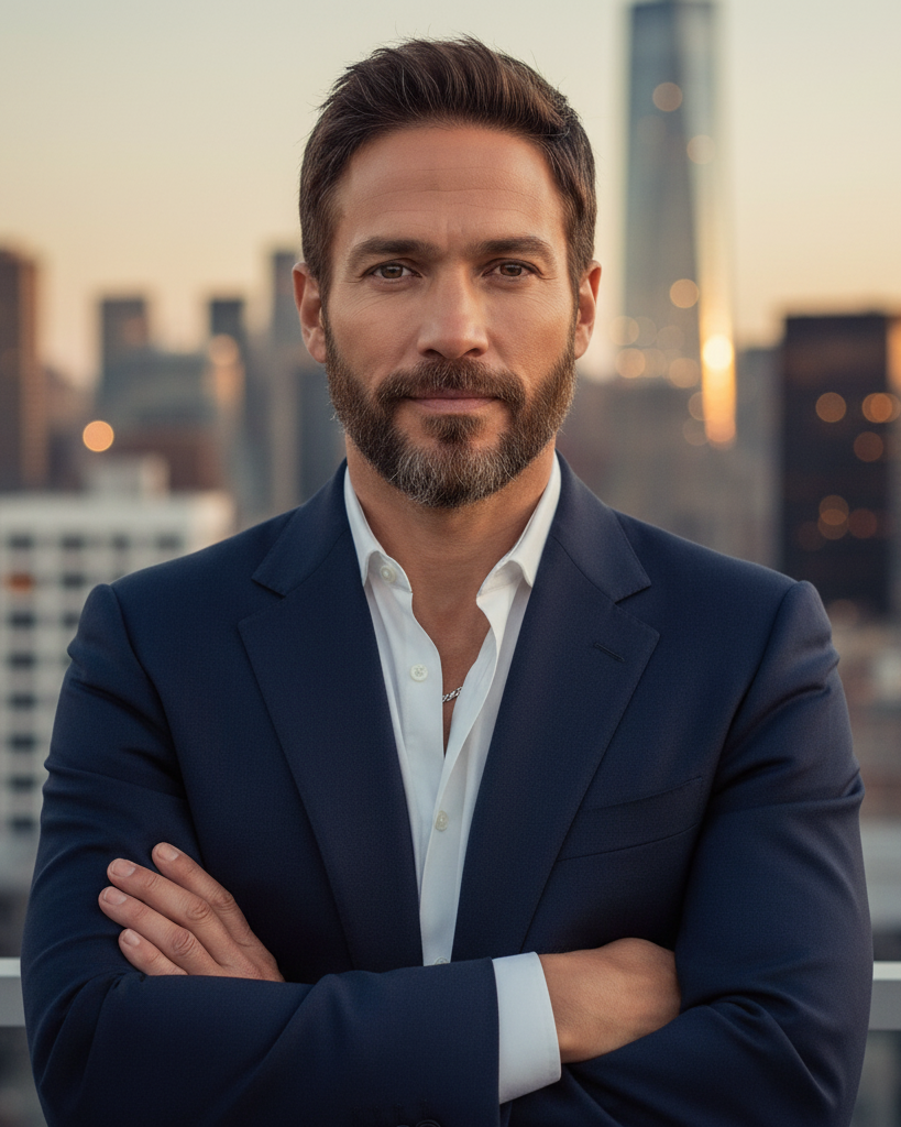 In the AI version of her reimagined as a man, Lopez becomes a sharp, clean-cut heartthrob with neatly styled dark hair, a close-cropped beard, and defined cheekbones. Dressed in a tailored navy suit against an urban skyline, he carries a confident, business-casual charm that mirrors the poise and presence of the original. | Source: Gemini