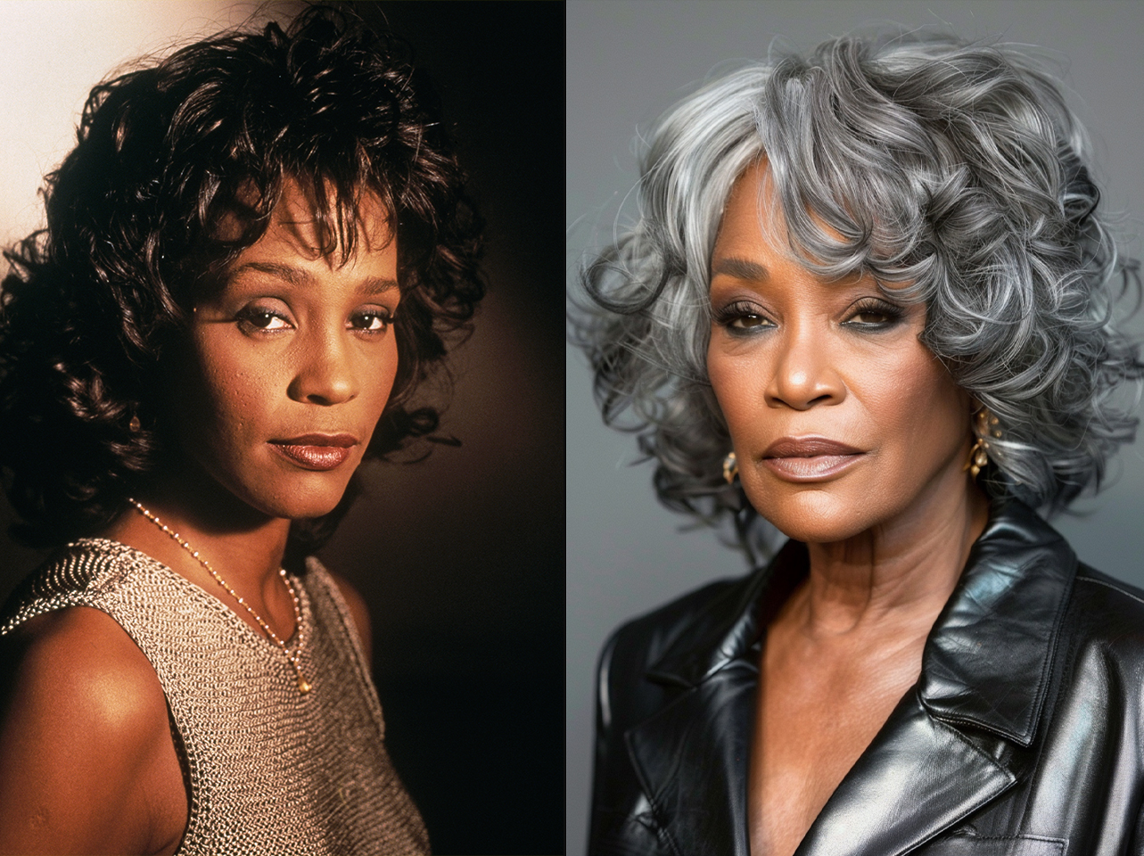 Whitney Houston in "Waiting to Exhale" in 1995 | AI image of Whitney Houston in old age | Source: Getty Images | Midjourney