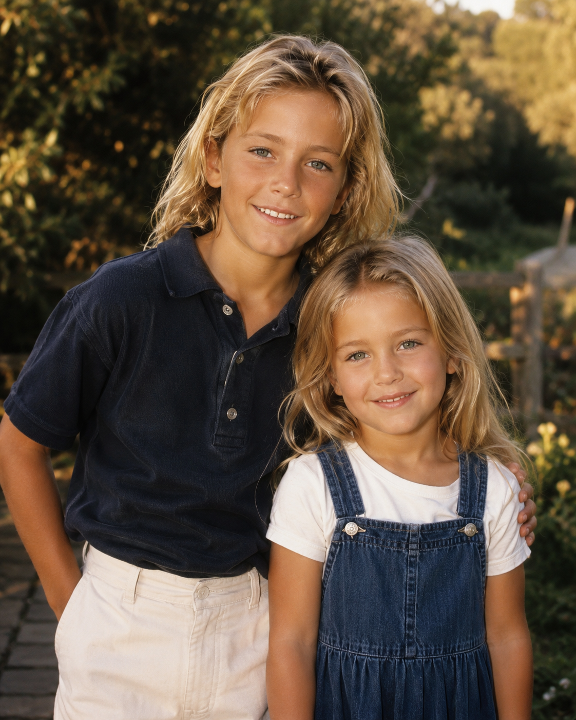 In this AI creation, Fabio and Heather Locklear’s imagined son and daughter smile side by side outdoors with sun-bleached blonde hair, wearing a navy polo and denim overalls reminiscent of a mid-1990s portrait style. | Source: ChatGPT