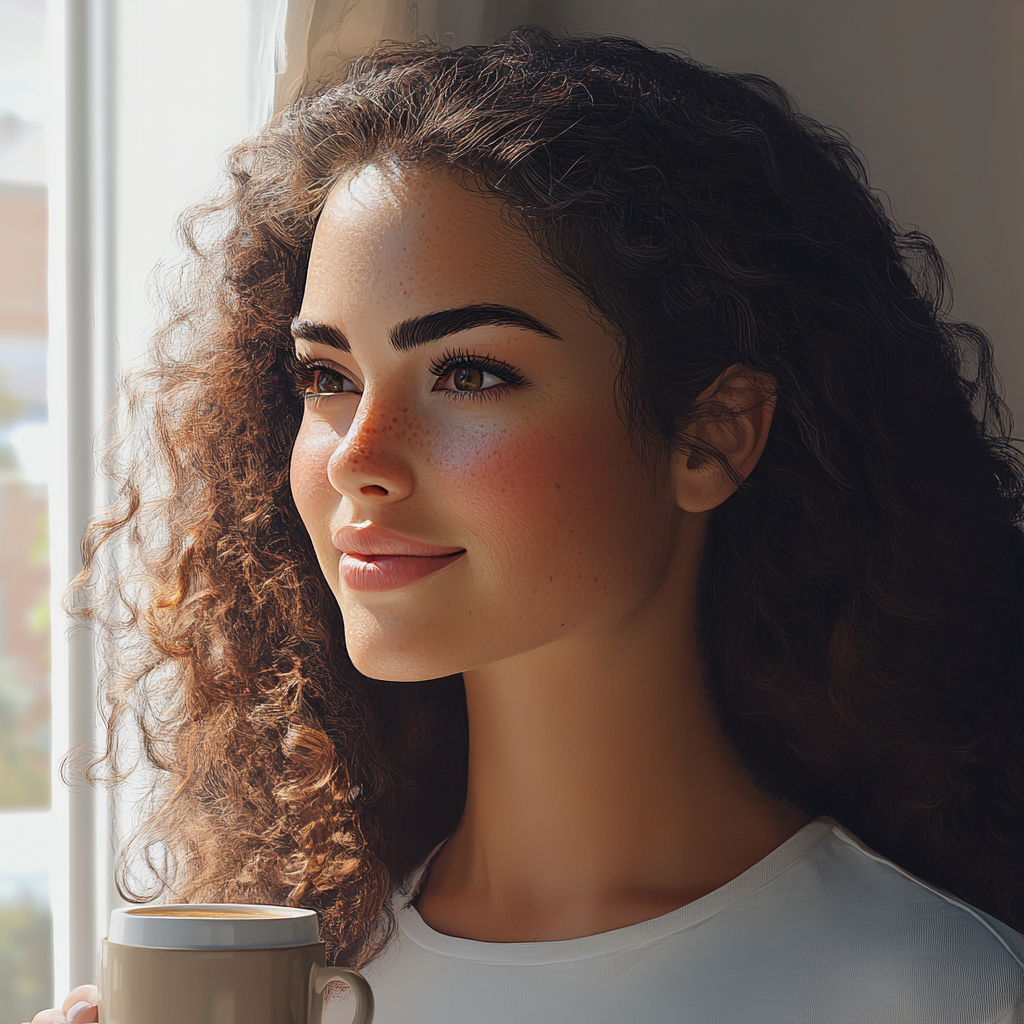 Uma mulher sorridente segurando uma xícara de café | Fonte: Midjourney