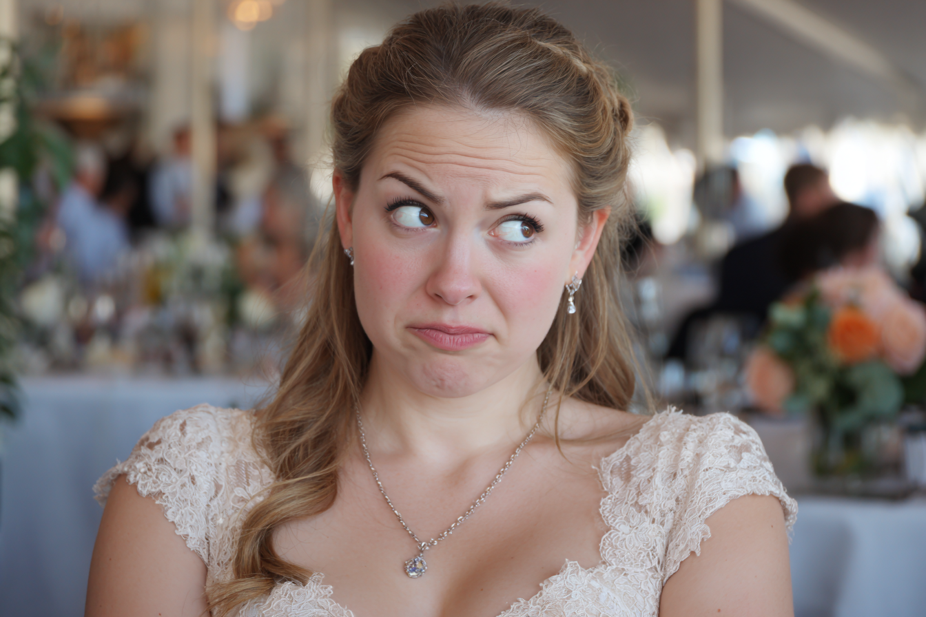 A woman looking angry and embarrassed at a wedding | Source: Midjourney