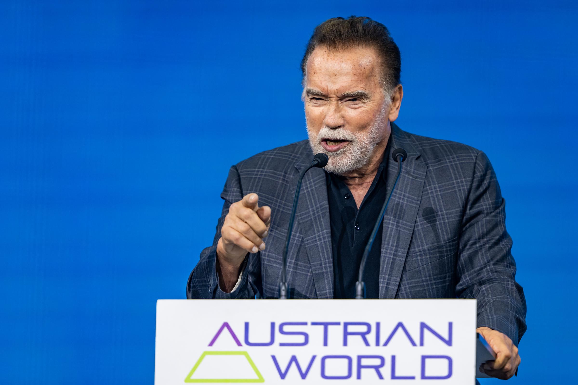 The actor spoke passionately during his address. In this photo, Arnold Schwarzenegger gave his keynote speech during the Austrian World Summit at Hofburg Congress Center on June 16, 2026, in Vienna, Austria. | Source: Getty Images