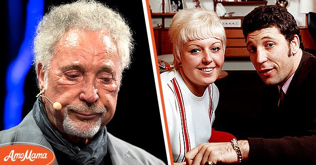 Singer Tom Jones performing at an event. [Left] | Portrait of couple Tom Jones and Linda Trenchard smiling sitting next to each other. [Right] | Photo: Getty Images